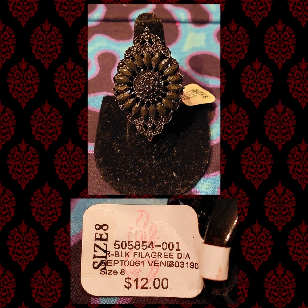 Torrid brand Oval Blacktone Filigree Metal Ring w/Rhinestones Sz 8